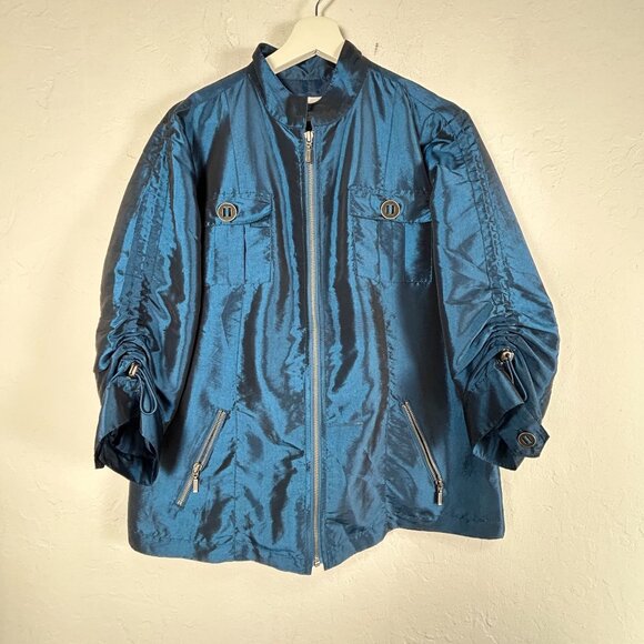 Chico's Womens Size 2 Blue Shimmer Zip Jacket Ruched Sleeve Lightweight Pockets - Picture 1 of 7